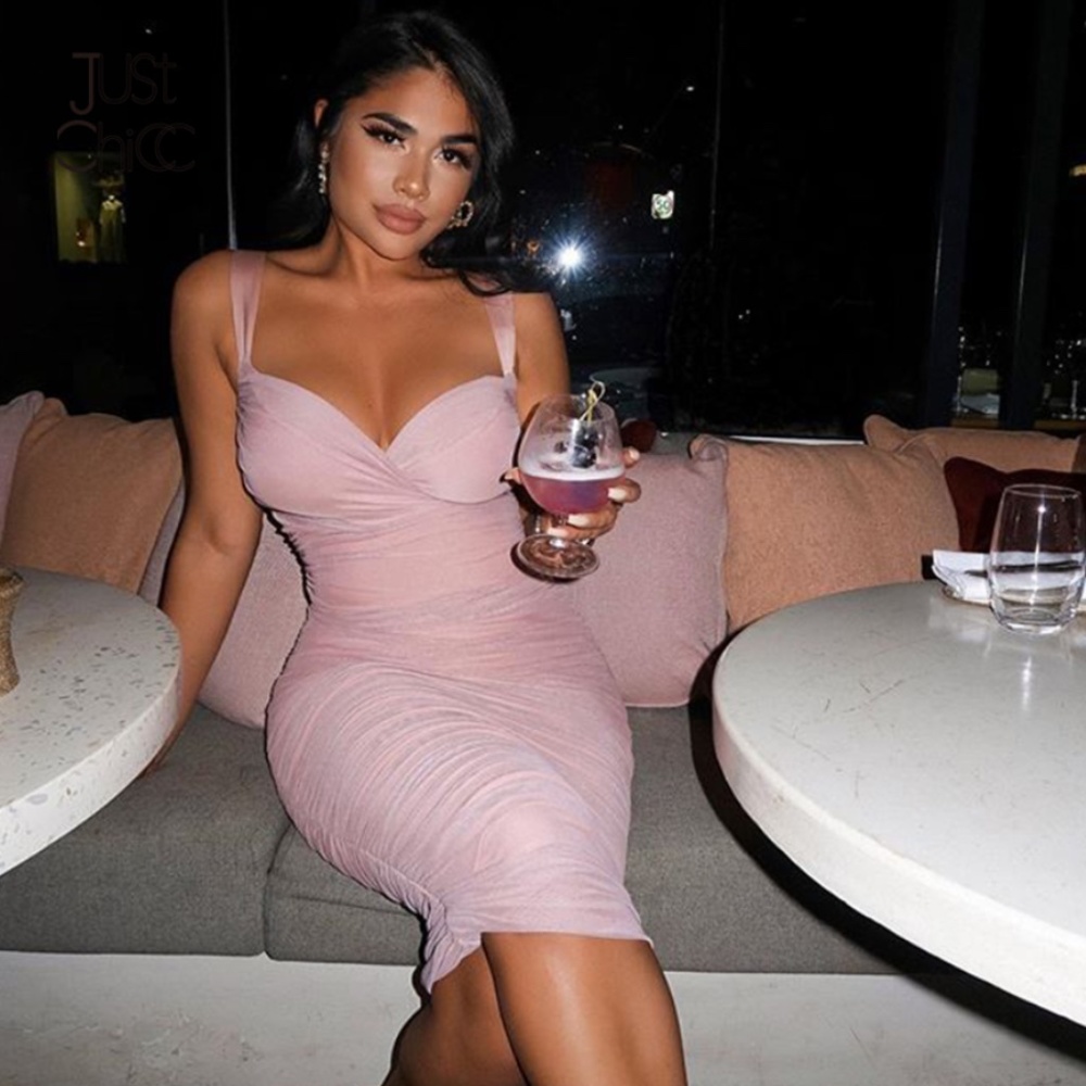 Mesh Ruched Tube V-Neck Dress - Picture 9 of 9